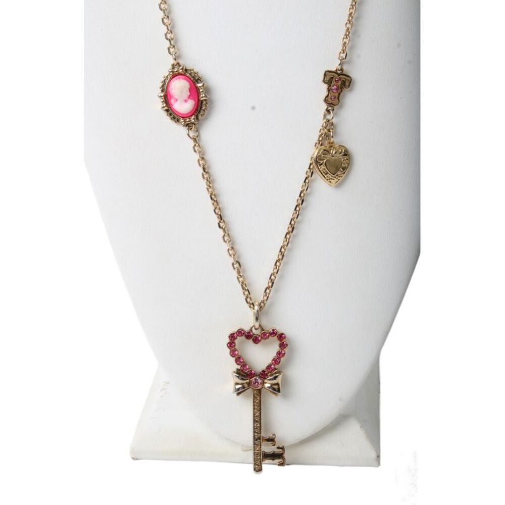 Tarina Tarantino Vintage Womens Gold Tone Pink Crystal Key Charm Necklace 36"